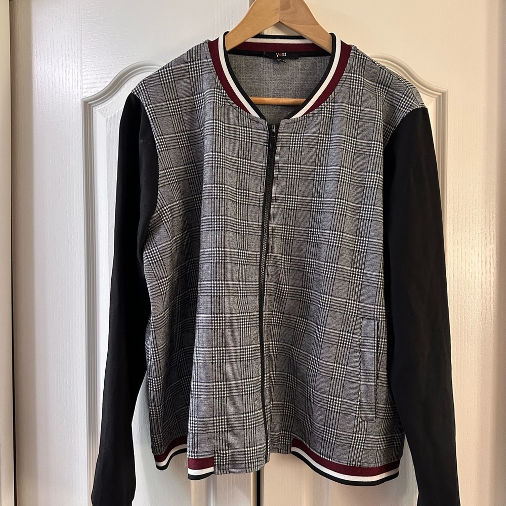 Plaid Bomber Jacket with Black Sleeves